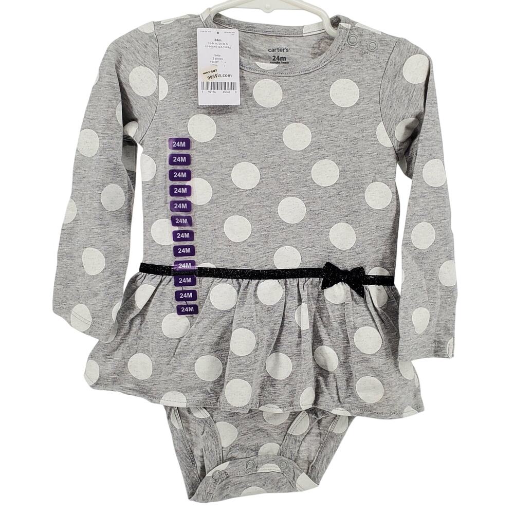 Carters Baby Girl 24M Gray Polka Dot Tutu Dress Bodysuit Long Sleeve 100% Cotton